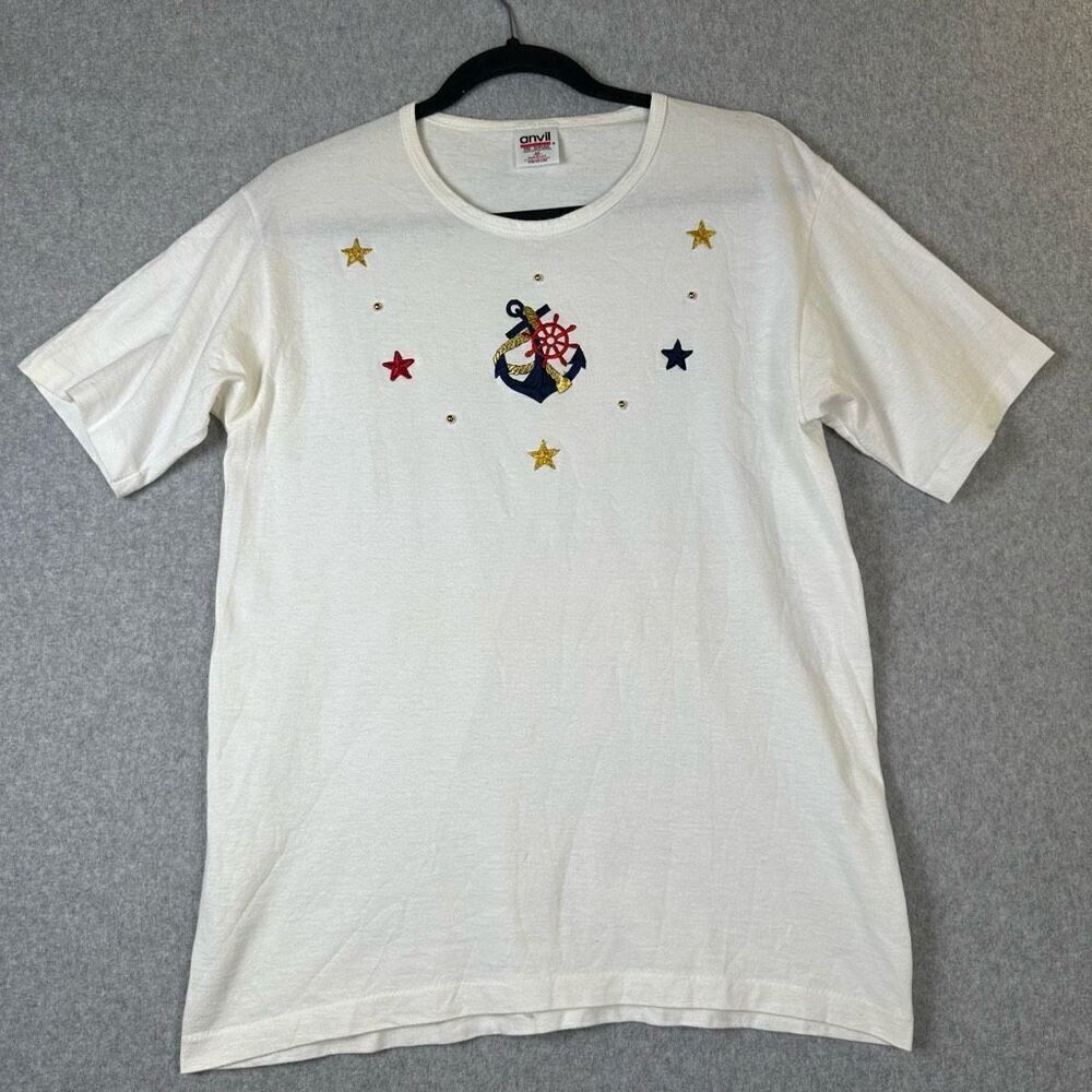 Anvil Womens Medium Nautical Theme Pullover Top White Embroidered Shirt Sleeve
